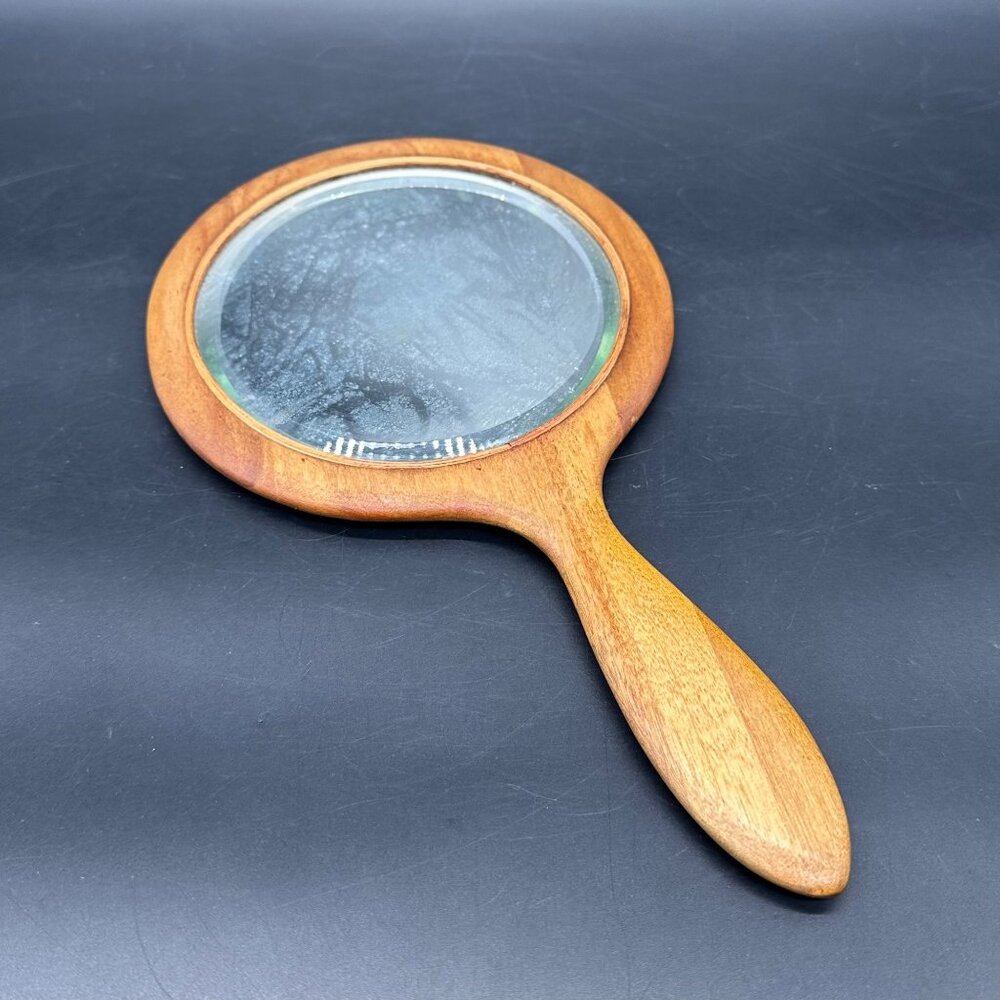 Vintage Handheld Wooden Vanity Mirror Beveled Glass Retro Bathroom Decor